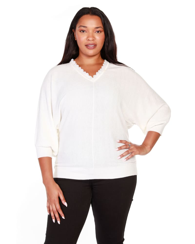 Front of a model wearing a size 1X Plus Size Lace-Trim V-Neck Sweater in Winter White by Belldini. | dia_product_style_image_id:319389
